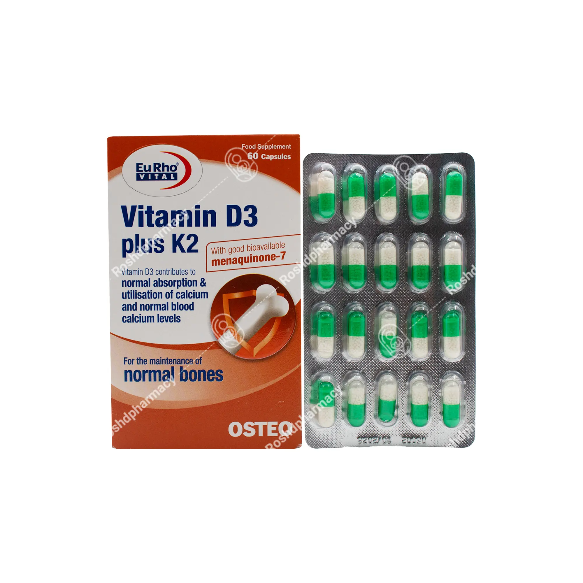 کپسول ویتامین D3 1000 پلاس K2 یوروویتال 60 عدد